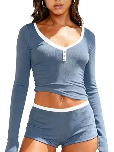 Image of Dressmine Cute Pjs Pajama Sets for Women Sexy 2 Piece Spring Pajamas Lounge Sleep Set Long Sleeve Shorts Sleepwear