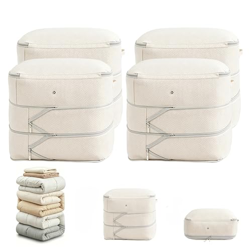 Image of Comforter Storage Bag, Large Capacity Blanket Storage Bags 3-Layer Ultra Space Saving Self Compression Organizer, Heavy Duty Space Saver Organizer for Bedding, Clothes, Blanket, 4-Pack, Beige