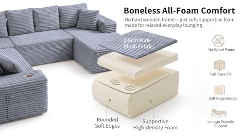 Image of Oversized Cloud Sectional Couches for Living Room, 122 inch U-Shaped 7 Seater Sofa Modular Boneless Couch with Chaise | Deep Seater | Cup Holder | Side Pocket | No-Assembly | Plus Corduroy, Light Gray