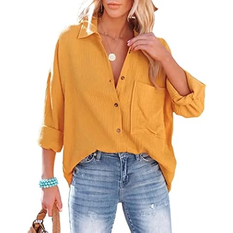 Unilexi Women's Cotton Linen Casual Loose Blouses Candy Color Long Sleeve Button Down Textured Tops with Pockets, Yellow, Small Cover