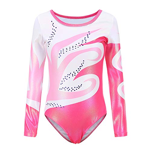 ESHOO Maillot de gimnasia de manga larga para niñas, sin mangas, para hacer ejercicio, ballet, danza, con bordado de diamantes brillantes, Rosa, manga larga, 9-10 años