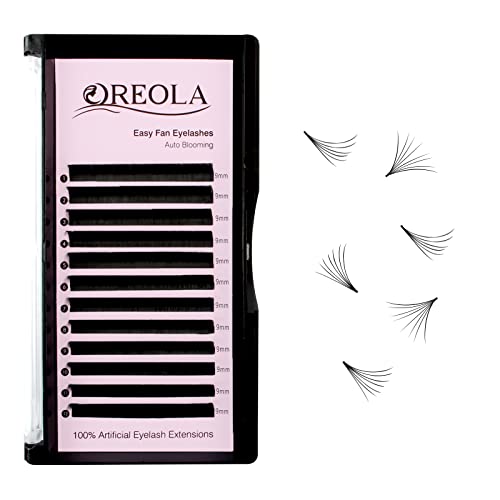 Oreola Easy Fan Lashes D Curl Fast Blooming Eyelash Extensions Second Flower Volume Lashes for DIY Eyelash Extensions 12 Rows 9mm Long 0.07 Thickness
