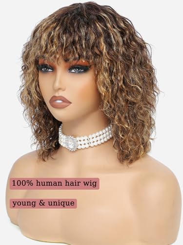 short water wave human hair wig with bangs 200% density highlight brown and blonde P4/27 wet and wavy wigs 100 percent human hair no lace wigs for women 12 inch - Image 5