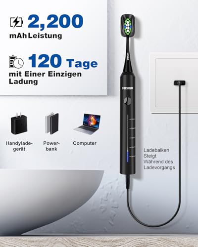 Elektrische Zahnbürste, Schallzahnbürste, Zahnbürste Elektrisch 45000VPM, Aufhellung Der Zähne In 1 Woche, 120 Tage Akkulaufzeit, Batteriestandsanzeige, 6 DuPont-Bürstenköpfe, 5 Modi, Timer, Schwarz – Bild 5
