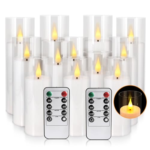 Image of 12-Pack White Acrylic Flameless LED Candle Set with Timer Remote Control-Ideal for Home Decor, Valentine's Day, Weddings, and Holiday Celebrations.