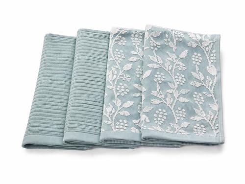 Image of Kitchen Towels, Cotton Hand Towels, Blue and White Floral Vine Ribbed Hand Drying Cloth Set of 4 Absorbent Hand Towels, 18 x 28 Kitchen Linens