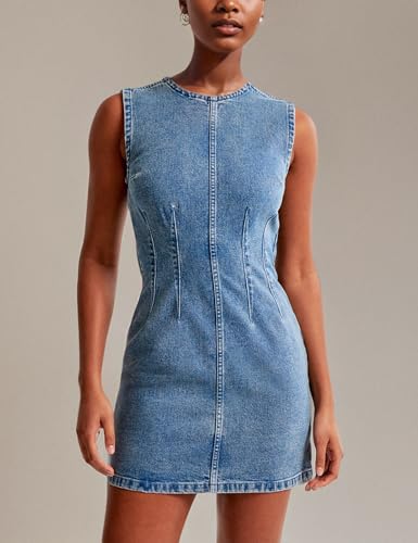 Image of Daacee Women's Sleeveless Bodycon Denim Mini Dress Sleeveless Waist Tucks Zipper Short Tank Jean Dresses Concert Outfits