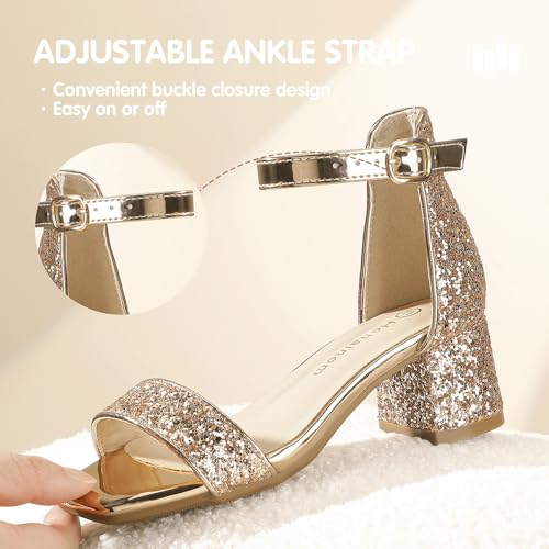 Image of Hehainom Girls Dress Shoes Heels Sandals Little Big Kids Square-Toe Ankle Strap Wedding Party Flower Girls Shoes