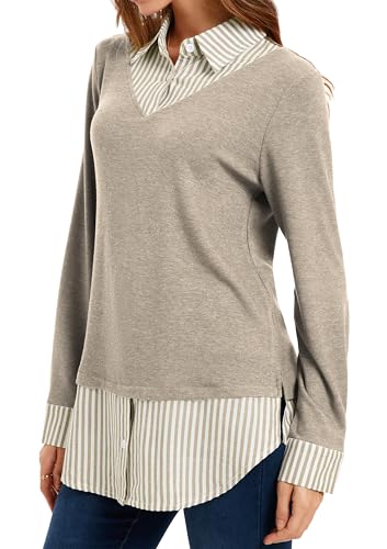 Image of Oyamiki Women's Casual Collared Curved Hem 2 in 1 Pullover Tops Plaid Contrast Shirt Blouse