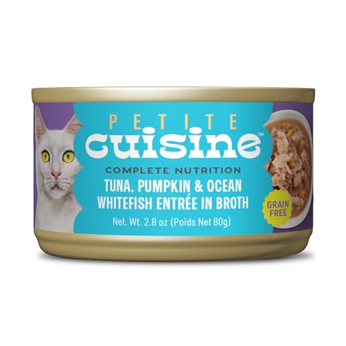 PETITE CUISINE Whole Foods Wet Cat Food, Tuna, Pumpkin & Ocean Whitefish Entree in Broth, 2.8 oz. Can (24 Count)
