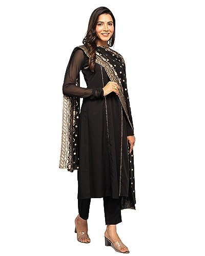 Image of FIORRA Women's Balck Crepe A-line Kurta with Pant and Dupatta