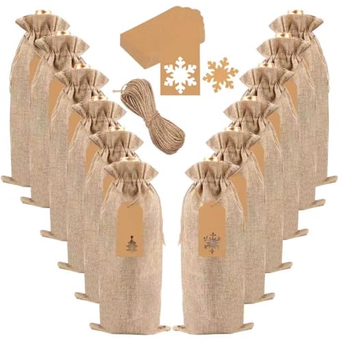 JOICEE 12 Pcs Burlap Wine Bags Christmas Wine Bottle Gift Bags