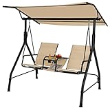 Tangkula 2 Person Porch Swing, Outdoor Swing with Tempered Glass Table, 2 Cup Holder, Patio Swing with Adjustable Canopy for Garden, Porch, Backyard Beige