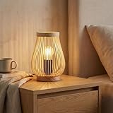 BARCELONA LED Lampe de Table en Bois Naturel avec Abat jour en Bambou et Rotin, Base en Bois Massif, Style Vintage et Moderne, Lumière Chaude E27, Design Japandi Minimaliste pour Chambre et Salon