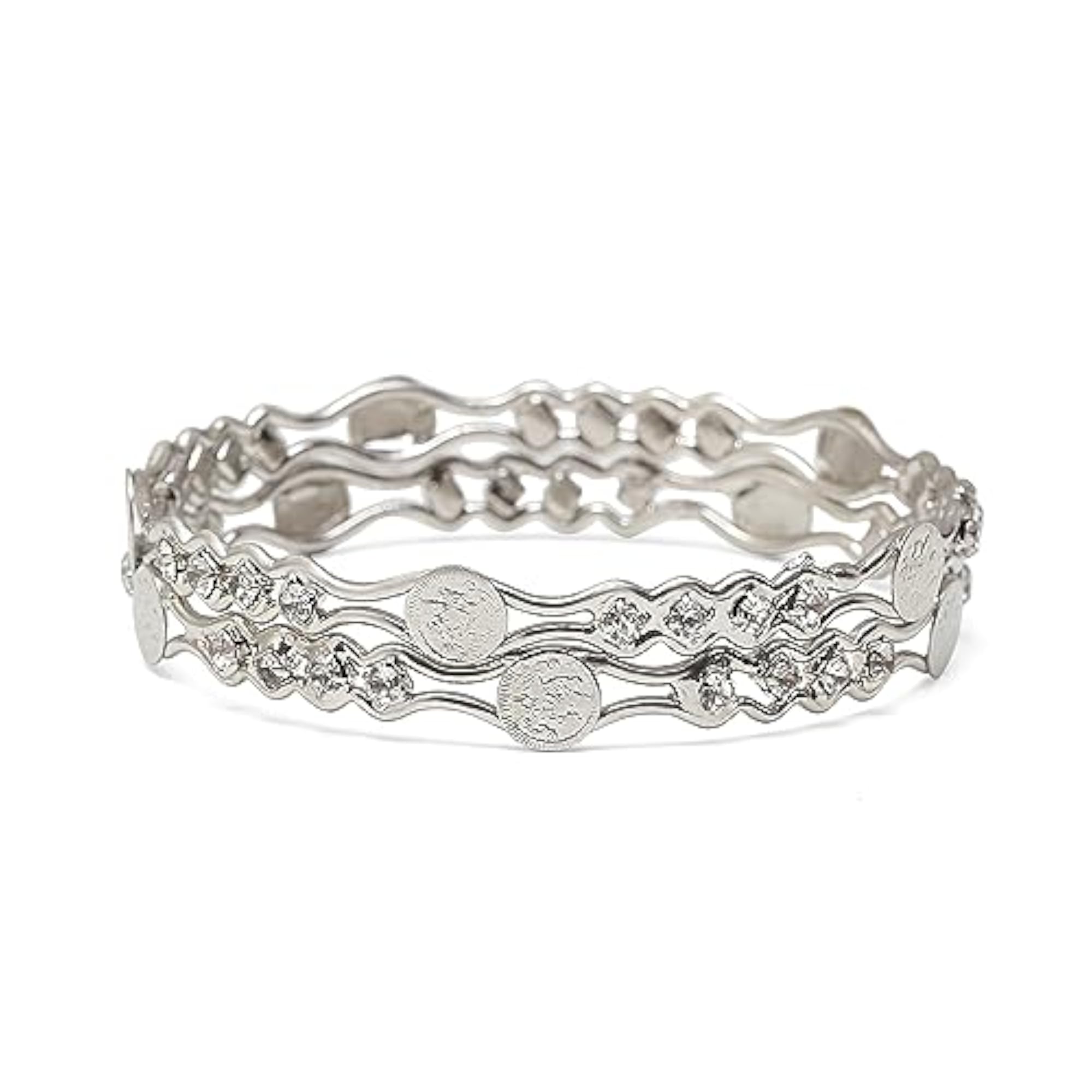 Rose Gold-Plated American Diamond Temple Coin Bangles Set (Silver)