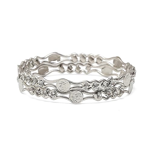 Rose Gold-Plated American Diamond Temple Coin Bangles Set (Silver)