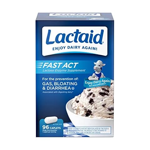 Lactaid Fast Act Lactose Intolerance Caplets with Lactase Enzyme to Prevent Gas, Bloating & Diarrhea Due to Digesting Dairy, Ideal for Travel & On-The-Go, 96 Travel pks of 1 ct. Cover