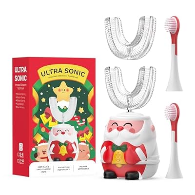 PANDERRY Kids U-Shaped Electric Toothbrush with 4 Brush Heads, Sonic Toothbrush Kids with 5 Modes & 60s Timer, Cartoon Santa Claus 360-Degree Cleaning, IP64 Waterproof & Dustproof (Ages 2-6)