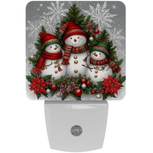 Image of NEWzone Christmas Snowman Family Night Light Set of 2, Auto Sensor LED Dusk-to-Dawn Nightlights, Plug-in Sensor Lamp for Bedroom Bathroom Kitchen Hallway Stairs Decorative