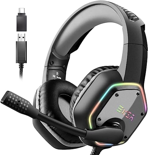 EKSA Gaming Headset PC Headset with 7.1 Surround Sound, Noise Canceling Over Ear USB Wired Headphones with Mic & RGB LED Light, Gaming Headphones Compatible with PS5, PS4, Mac, Laptop (E1000-Gray)