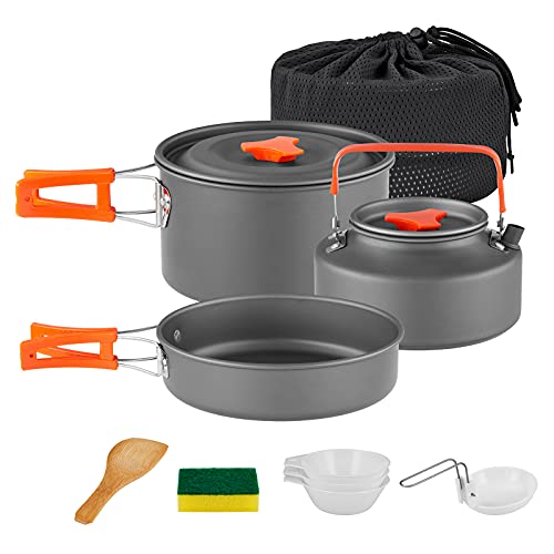 camping frying pan set - YETO Camping Cookware Set Hard-Anodized Aluminum Foldable Backpacking Camping Pots and Frying Pans Cooking Camp Kitchen Camping Mess Kit Eco-Friendly Cooker Set for 2-3 Persons,MediumGrey