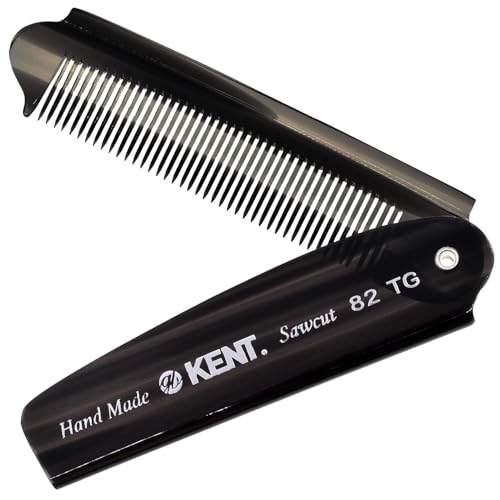 Kent 82T Black Graphite Folding Pocket Comb for Men Fine Tooth Hair Comb Straightener for Everyday Grooming Beard or Mustache Use Dry or with Balms Saw Cut Hand Polished Made in England