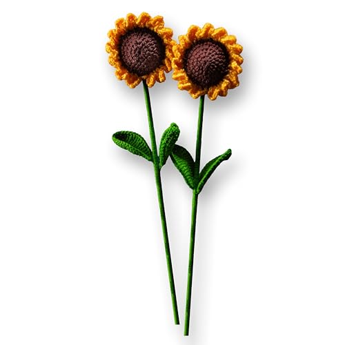 Image of Sunflower Crochet Flowers | Handcrafted Artificial Faux Woolen Flower with Long Stem | Natural Looking Knitted Flower for Home Decor, Living Room, Vase & Bouquet Decoration & Gifting | 2 Pcs