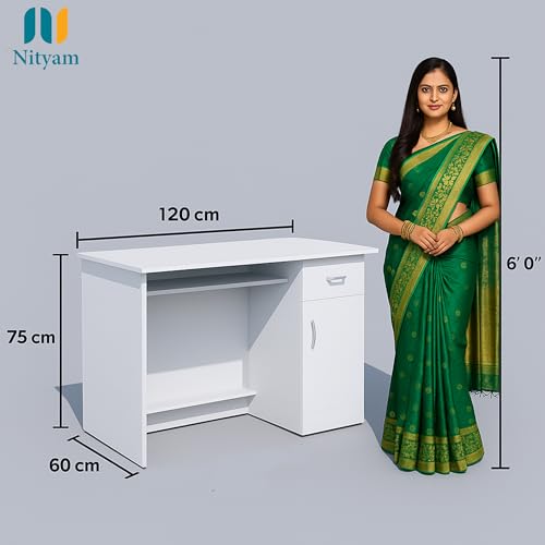 Image of Nityam Computer Table for Home pc Storage Keyboard Tray with Drawer | Office Desk | Study Table for Home (Color-White)