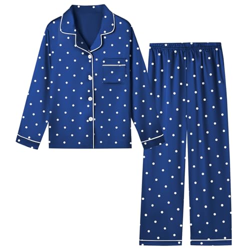 Image of Schbbbta Girls & Women Satin Pajamas Set, 2Piece Silk Nightwear Button-Down Sleepwear for Teen Kids, 3 Years - Women XXL