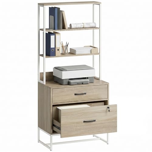 HOMCOM Cajonera Escritorio con Estantería, Mueble Archivador con 2 Cajones, Encimera para Impresora, Cerradura, para A4 Letter Legal, para Oficina, Estudio, Roble