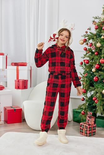 Image of Arshiner Girls 2 Piece Outfits Sweatsuit Fuzzy Long Sleeve Bear Ear Hoodie Sweatshirt and Sweatpant Kids Clothing Sets