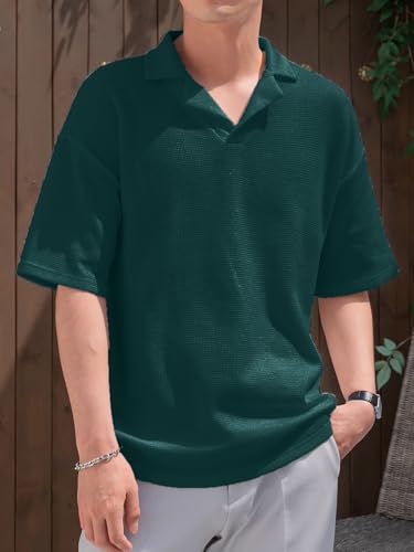Image of Men's Textured Waffle Knit Polo T-Shirt | Relaxed Fit Half Sleeve Collared Tee | Soft Breathable Casual Summer T-Shirt