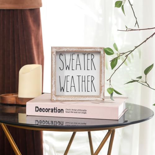 Image of Embossed Sweater Weather Sign, Rustic Fall Decorations for Home, Fall Centerpieces for Table Cubicle Desk Mantel Fireplace, Autumn Tiered Tray Decor