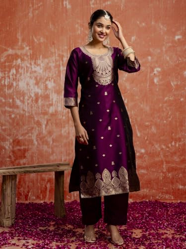 Image of VredeVogel Women's Cotton Silk Blend Zari Work Kurta Pant Set with Jacquard Silk Dupatta | Modern & Traditional Blend Ethnic Wear Set