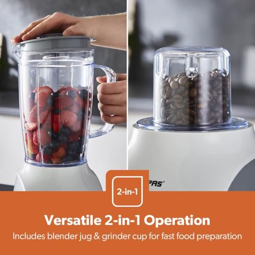 GEEPAS 2-in-1 Food Jug Blender | 1.8L Juice Jar & 60G Mini Coffee Spice Mill | 6-Leaf Stainless-Steel Blades 3 Speed & Pulse Smoothie Maker Turbo Button for Ice Crushing Overheat Protection 600W White - Image 6