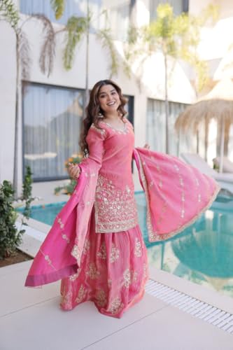 Image of Women's Embroidered Kurta Sharara Set with Dupatta | Designer Indian Ethnic Suit | Festive, Wedding, Engagement & Party Outfit for Women