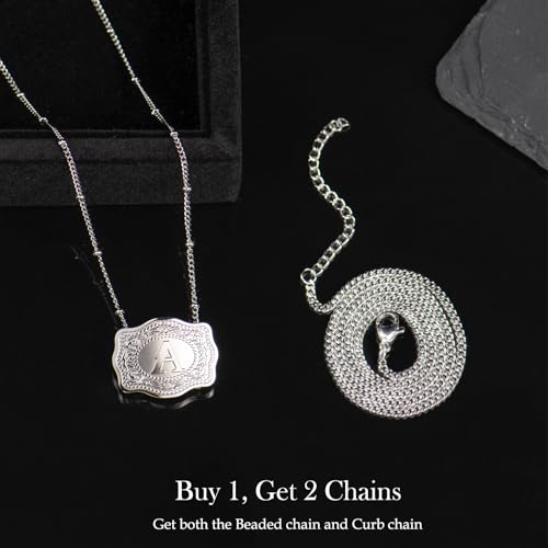 Rhodium-Plated Initial Letter Pendant Necklace with Embossed Belt Buckle, Western Cowgirl Initial Necklace for Women, Buy 1 Get 2 Chains, Personalized Jewelry Gift for Women and Men3
