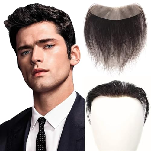 RUNRAYAY Parrucca per attaccatura dei capelli frontale da uomo, toupet con capelli umani a forma di M, toupet per capelli frontali in PU skin per attaccatura dei capelli naturale, nero 3 x 16 cm