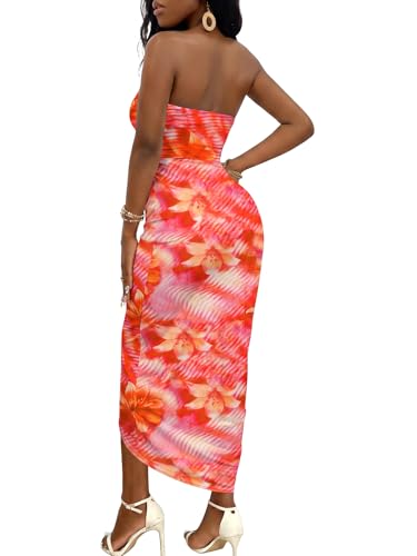 Image of Umenlele Women's Strapless Ruched High Waist Wrap Split Asymmetrical Beach Maxi Long Dress