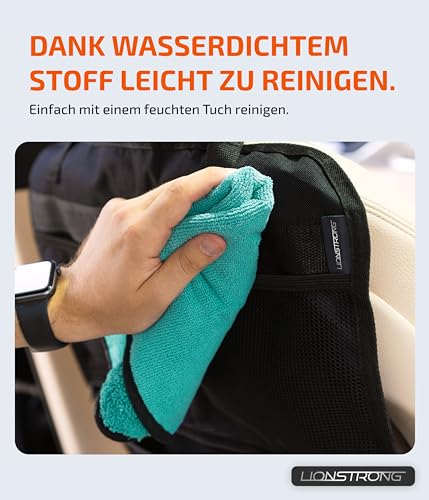 LIONSTRONG® Auto Organizer Kinder Rücksitz schwarz [WASSERDICHT] - Rückenlehnenschutz Auto Kinder universell kompatibel - Autositz Organizer - Sitzschutz Rückenlehne - große Tasche