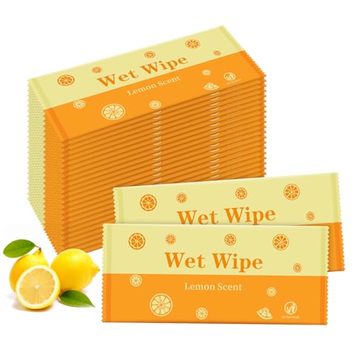 Hand Wipes Travel Size, 100 Pcs Wet Wipes Individually Wrapped for Barbecue, Seafood Boil Party, Restaurant, Lemon Scent