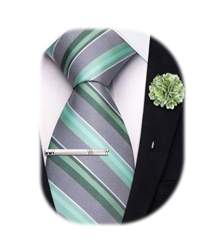 Image of Hi-Tie 63 inches Striped Paisley Extra Long Ties for Men Silk Necktie with Lapel Pin Tie Clip Big and Tall Men Formal Wedding
