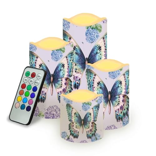 Image of Butterfly Hydrangea Plastic Flameless Candles with Remote Control and Timer LED Flickering Battery Operated Color Changing Electric Pillar Candles Decoration