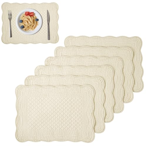 TOPROUD Set de 6 Sets de Table Matelassés, Sets de Table Rectangulaires 100% Coton, 33 x 46 cm, Lavables, pour Table de Cuisine (Couleur Lin Blanc, 6)