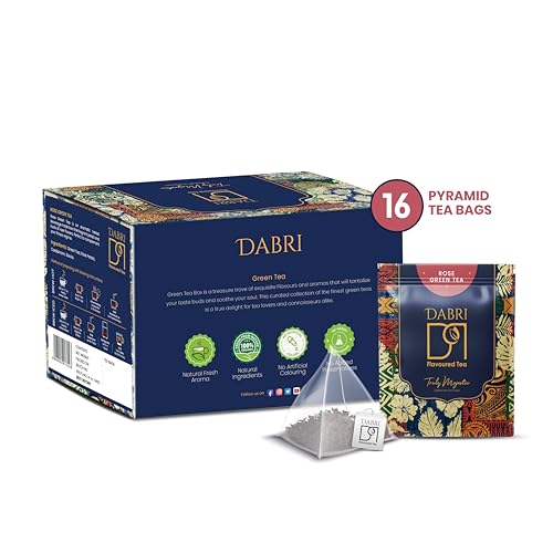 Image of Dabri Rose Green Tea Loose Leaves 16 Pyramid Dip Tea Bags| For Glowing Skin & Hair (Men & Women)| Natural Rose Petals | Antioxidant-Rich | Organic Blend | Relieves Stress & Supports Weight Control