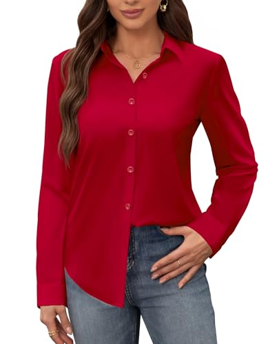 siliteelon Red Buttton Down Shirt Women Wrinkle Free Stain Shield Blouses