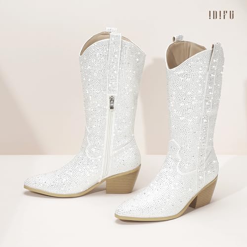 IDIFU IN3 Rhinestone Cowboy Boots for Women Mid Calf Sparkly Western Cowgirl Pointed Toe Booties Low Block Chunky Heel Glitter Country Cute Zipper Dress Booties Wedding Party Bling Shiny Boots4