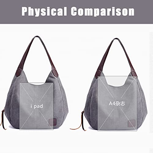 Image of Women Canvas Hobo Purse Multi Pocket Handbags Shoulder Bags Totes Purses