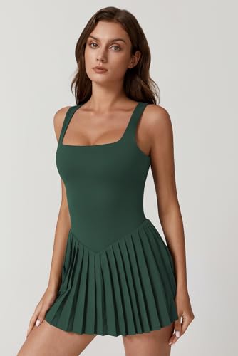 Image of QINSEN Womens Square Neck Tennis Dress Pleated Sleeveless Built in Shorts Golf Athletic Dress with Pockets