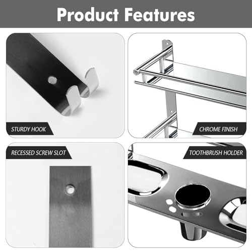 Image of Zureni Towel Holder for Bathroom Multipurpose 304 Grade Stainless Steel Shelf with Hooks Soap Dish Toothbrush Stand Wall Mount Home Washroom Kitchen Accessories (Silver, Set of 1, 1003)